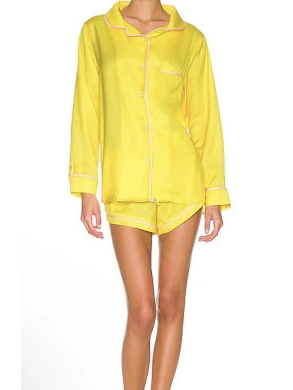 Revolve Plush Yellow Pajama Set Button Up Top Shorts Eye Mask Large NWT